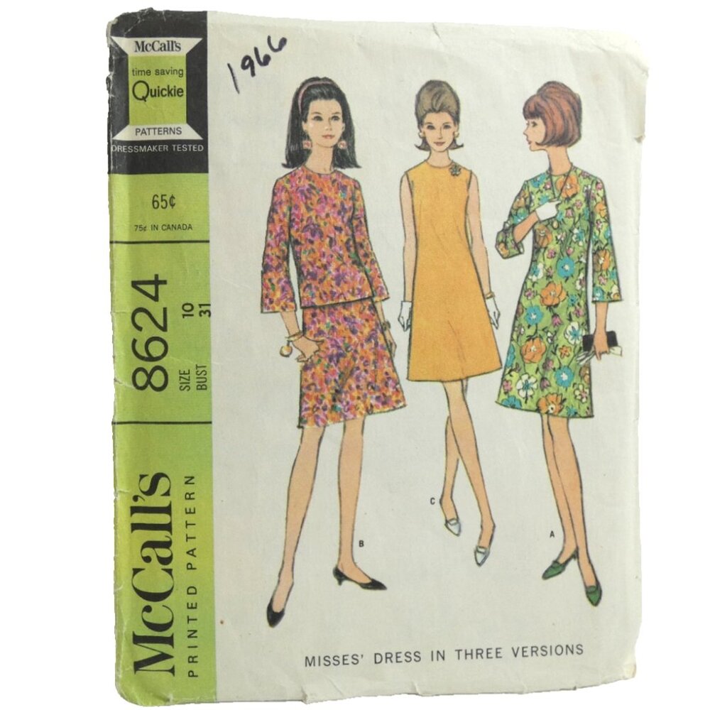 Vintage Size 10 Misses Dress Pattern McCall's #8624 Bust 31 DIY 3 Versions 60's